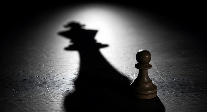 A pawn casting a shadow of a king on a dark surface with spotlight