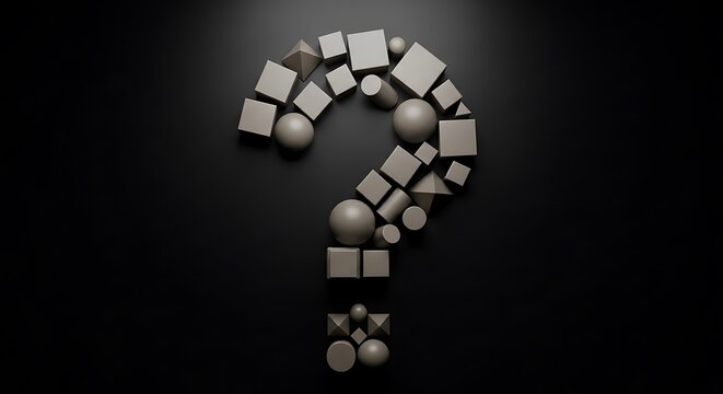 Gray question mark made of 3d shapes on dark background