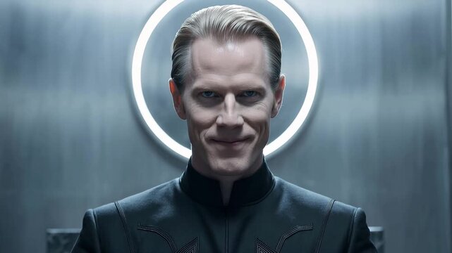 Commanding man sits on futuristic throne with glowing halo, observed by devoted group in sleek, dark chamber.