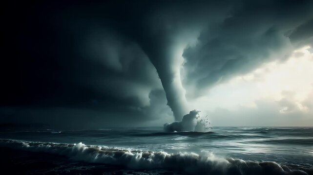 Tornado, twister, weather, natural disaster. A dramatic depiction of a stormy sea scene. A large, swirling cloud formation, resembling a tornado or tornado, is the central focus.