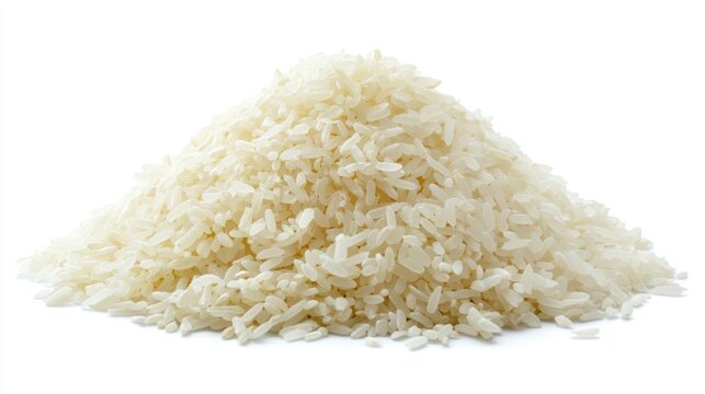Pile of uncooked white rice isolated on white background. Possible use Food photography, cooking instruction, nutrition education