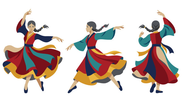Traditional Korean dancers in vibrant costumes performing elegant poses.