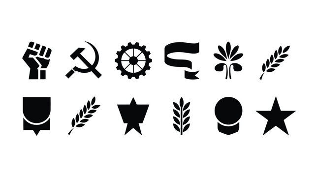 Collection of twelve diverse black graphic design symbols and icons including a clenched fist hammer and sickle gear ribbon wheat stalks shield starburst and abstract shapes