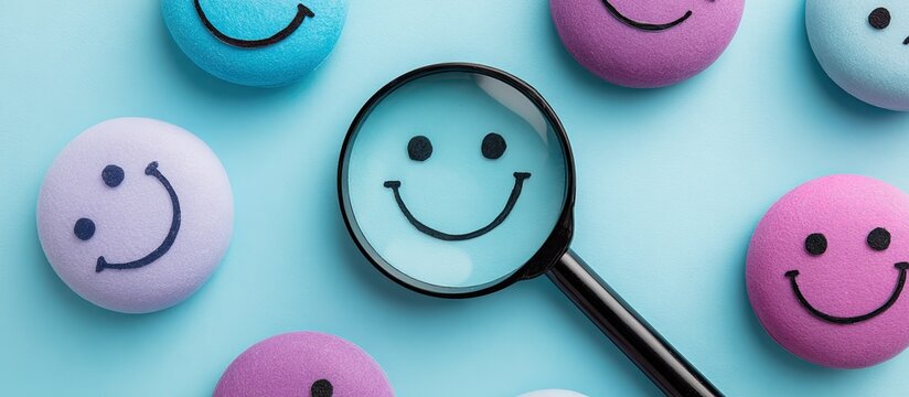Smiling face icons with magnifying glass on blue background illustration