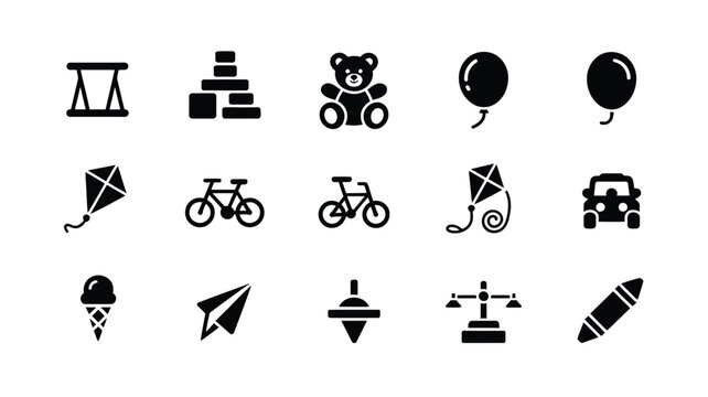 Collection of childhood and play related vector icons in a clean minimalist black and white style featuring toys games and fun activities suitable for diverse design projects