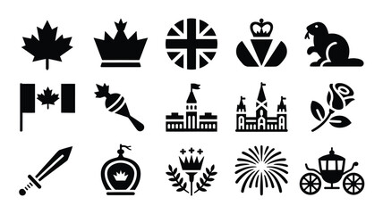 Collection of canadian national symbols and icons featuring maple leaf crown flag beaver rose castle carriage fireworks sword and union jack representing canadian heritage © Suranjana