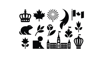 Collection of canadian icons and symbols in silhouette style featuring maple leaf crown parliament building beaver rose and flag representing national identity and heritage © Suranjana
