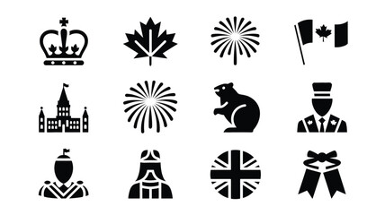 Collection of canadian national symbols and icons in black and white silhouette featuring crown maple leaf beaver parliament building fireworks canadian flag and union jack © Suranjana