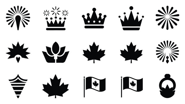 Collection of canadian icons and symbols featuring maple leaves crowns flags and abstract designs representing national identity and royalty in a clean vector graphic style