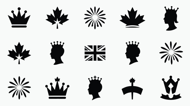 Collection of black silhouette icons representing royalty national symbols and celebrations on a clean minimalist grid layout with subtle checkerboard background ideal for design