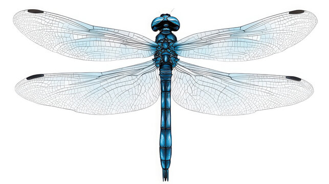 Close-up of a blue dragonfly with transparent wings and detailed body on white background