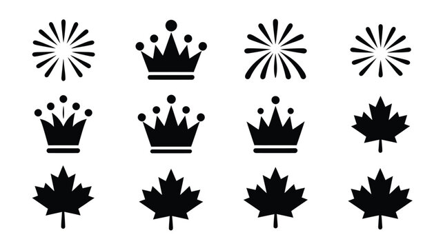 Collection of diverse black vector icons featuring regal crowns stylized maple leaves and abstract burst shapes on a clean white background ideal for graphic design and symbolism