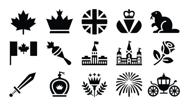 Collection of canadian national symbols and icons featuring maple leaf crown flag beaver rose castle carriage fireworks sword and union jack representing canadian heritage