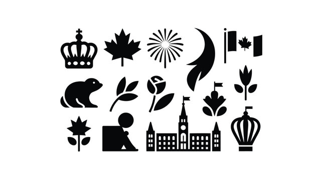 Collection of canadian icons and symbols in silhouette style featuring maple leaf crown parliament building beaver rose and flag representing national identity and heritage