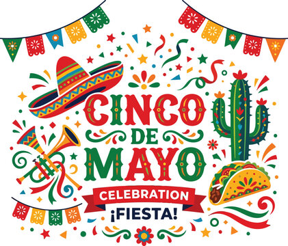 Cinco de Mayo celebration sign with sombrero hat cactus taco and colorful party flags for a festive Mexican holiday greeting card design