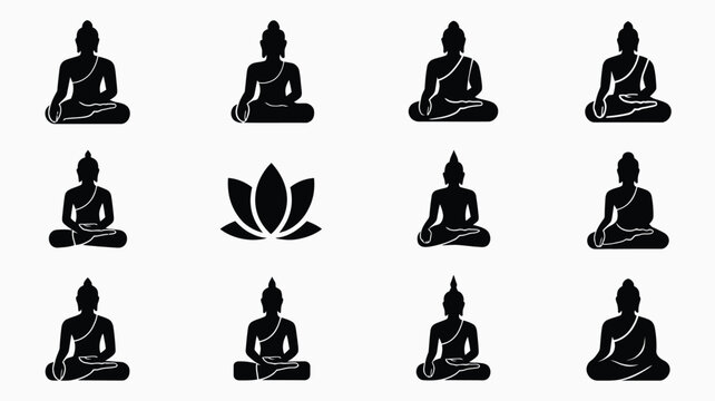 Collection of twelve minimalist black silhouette icons of meditating buddha figures and a single lotus flower symbol arranged in a clean grid layout on a subtle light grey