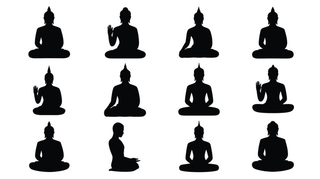 Collection of black silhouettes of buddha statues in various meditative poses against a clean white background representing spirituality enlightenment and inner peace for wellness