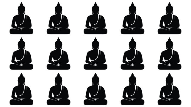 Minimalist graphic design featuring multiple black silhouettes of buddha in meditation pose arranged in a grid pattern against a clean white background symbolizing peace serenity