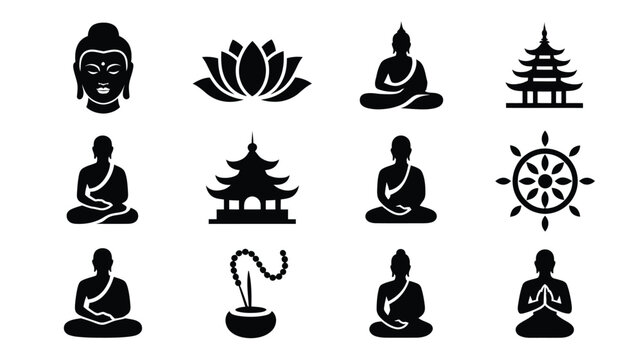 Collection of black silhouette icons representing buddhism spirituality meditation and enlightenment featuring buddha statues lotus flowers pagodas prayer beads and dharma wheel