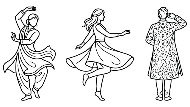 Traditional indian dancers in ethnic costumes performing graceful movements and folk dance.