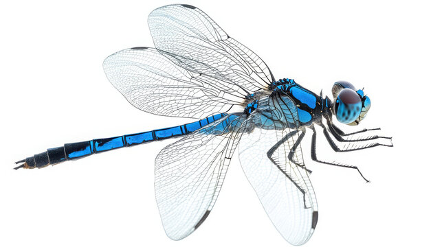 Close-up of a blue dragonfly with transparent wings, side view isolated on white background