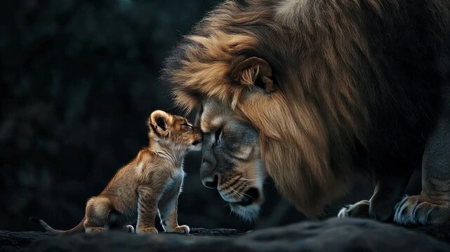 Majestic male lion with golden mane shares tender moment with adorable lion cub in dark wild natural habitat at night