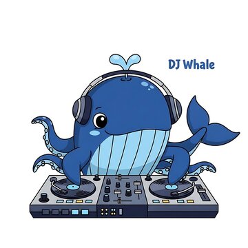 A cartoon-style whale with octopus-like tentacles is DJing, wearing headphones and set behind a mixing console. A simple text caption