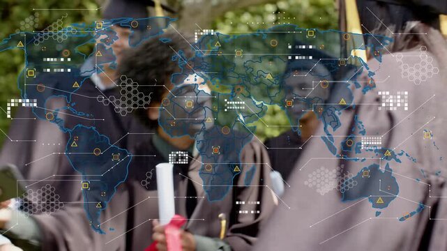 Curly male graduate calling out holding diploma, peers posing for selfie as world-map HUD growing