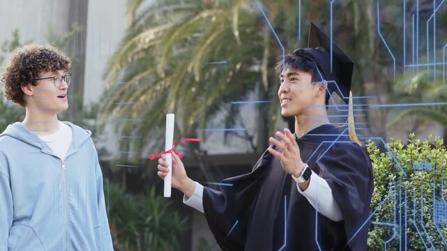 Graduate raising diploma and speaking, friend listening, graduation overlay shifting blue and red