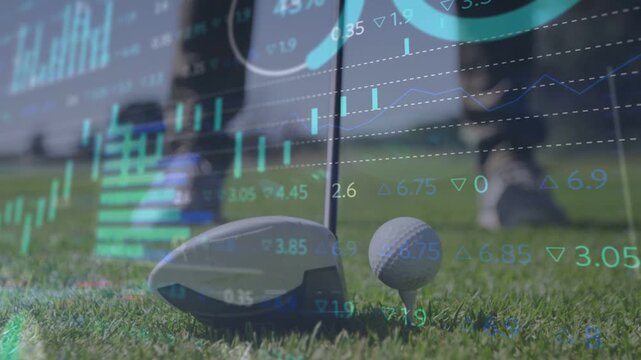 Golfer making small shifts preparing, driver aligning ball starting finance charts overlaying club