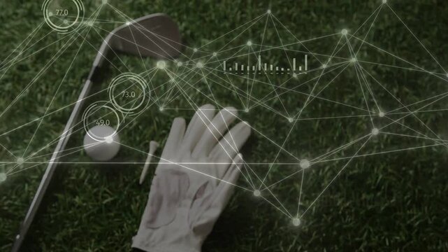 Gloved hand adjusting on turf, starting overlay animating data over club and ball for golf analysis