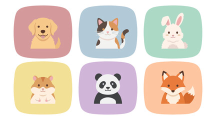 Naklejka premium Flat vector illustration set showing six cute animal faces including a dog cat rabbit hamster panda and a fox