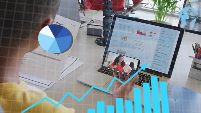Woman holding smartphone near laptop activating bar and line charts collecting data for analytics