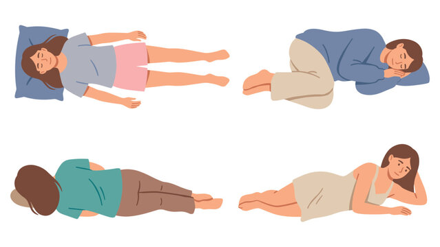 Illustration of woman in various sleeping positions lying on pillow for rest and comfort.