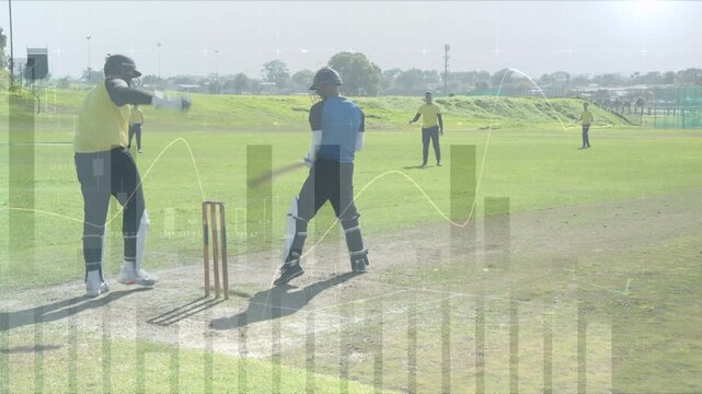Bowler bowling in cricket causing batsman defending wicket, bars and waves overlaying play