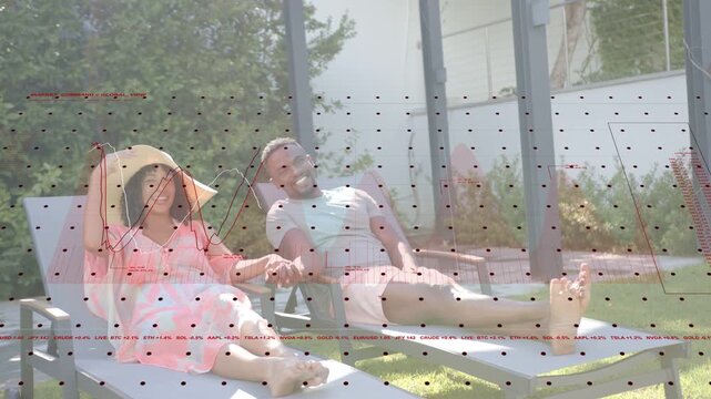 Couple reclining holding hands in yard, brim drop sparking lifestyle dot grid red waveform relaxing