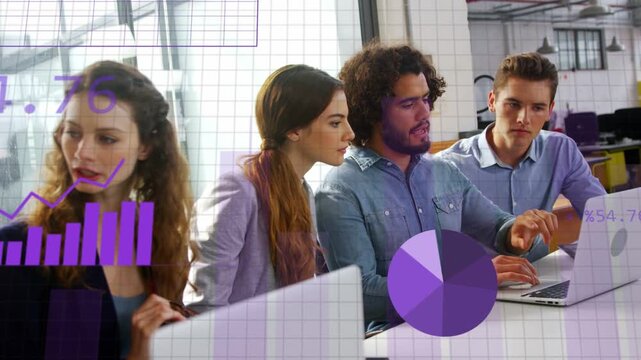 Four colleagues sitting in modern office, man starting typing and generating purple charts for data