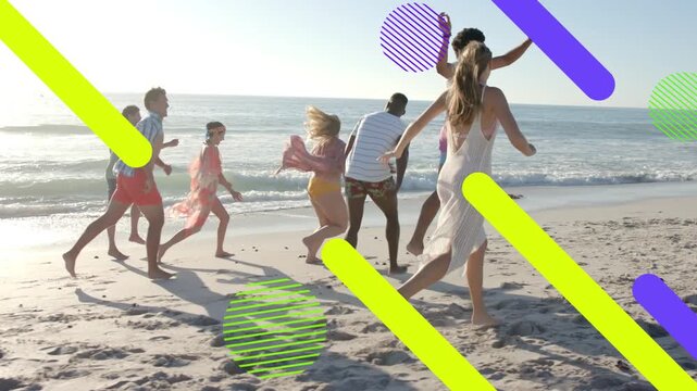Group of seven friends spotting surf running to water, neon graphics sweeping over group for travel