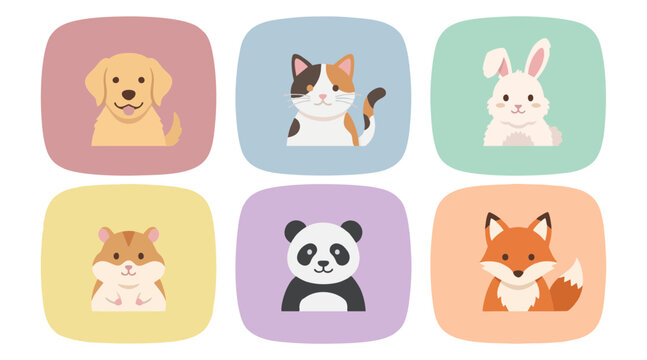 Flat vector illustration set showing six cute animal faces including a dog cat rabbit hamster panda and a fox