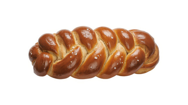 Fresh braided challah bread loaf with salt crystals isolated on a white background
