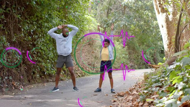Dad starting lateral stretch, guiding son mirroring, animated pulse overlays pulsing, for fitness