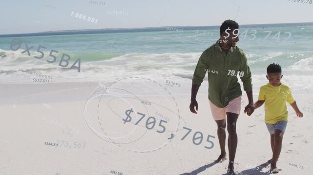 Father and son holding hands walking shore, finance overlays appearing, footprints forming, bonding