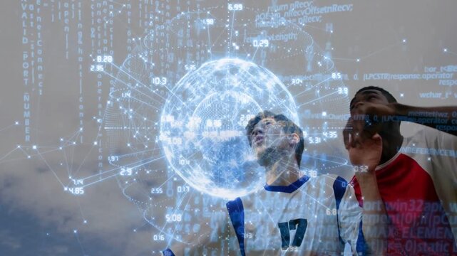 Two male soccer players jostling with holographic globe appearing between heads, contesting header