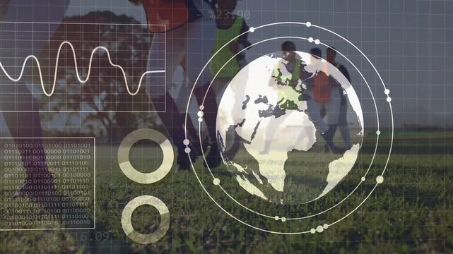 Female players running lateral drill on training field, grid appearing, globe HUD showing analytics