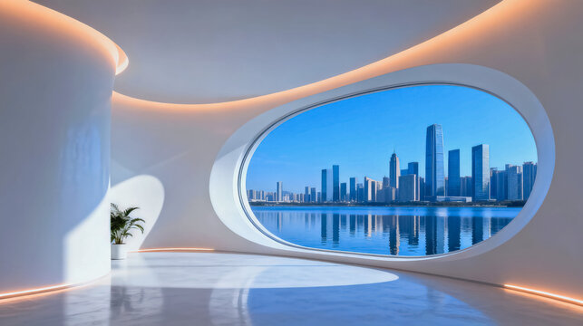 This minimalist curved modern interior features an oval panoramic window overlooking a lakeside city skyline, with warm ambient lighting and glossy polished floors.