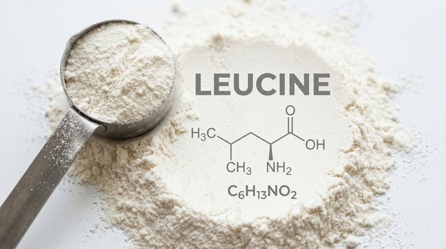 leucine, amino acid, powder, supplement, chemical structure, bcaa, bodybuilding, white nutritional powder and measuring scoop with molecular formula and skeletal structure.