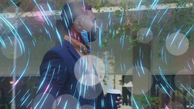 Business commuter walking past office after coffee, mask down, earbud, blue streaks sweeping across