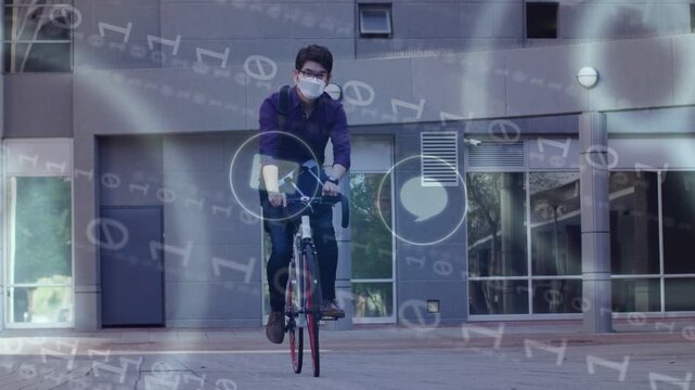 Commuter cycling toward camera on plaza starting tech overlays visualizing data flow around him