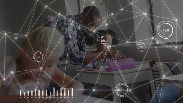 Teacher leaning over girl pointing at folder and causing data overlay of charts showing learning
