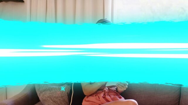 Woman opening book, reading; graphics appearing, turquoise wipe sweeping, resuming for lifestyle